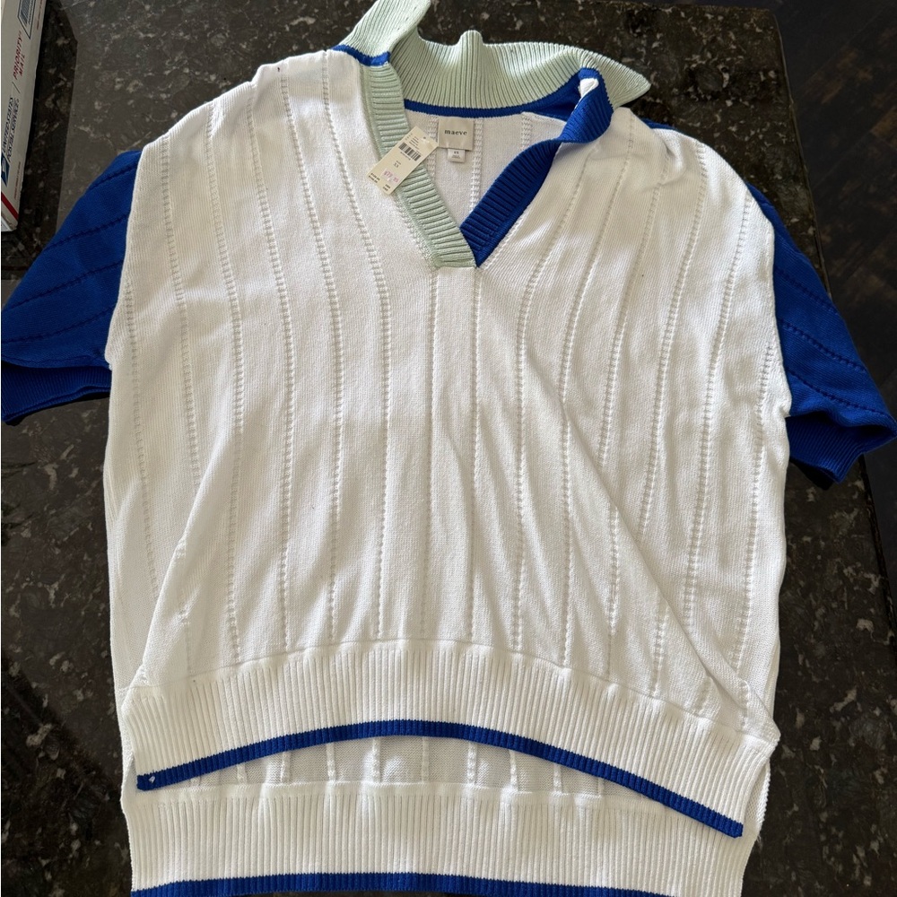 Maeve V-Neck Sweater in White and Blue
